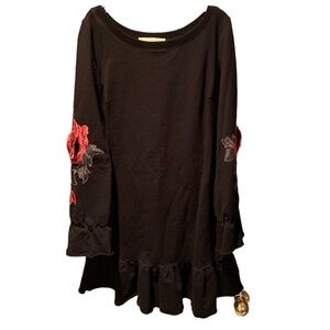 Boston Proper Floral Embroidered Long Sleeve Dress with Ruffle Hem Black XXS